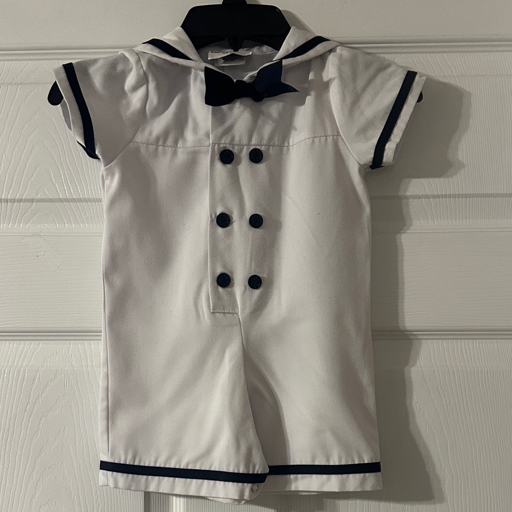 White Vintage Sailor Romper with Navy Accents